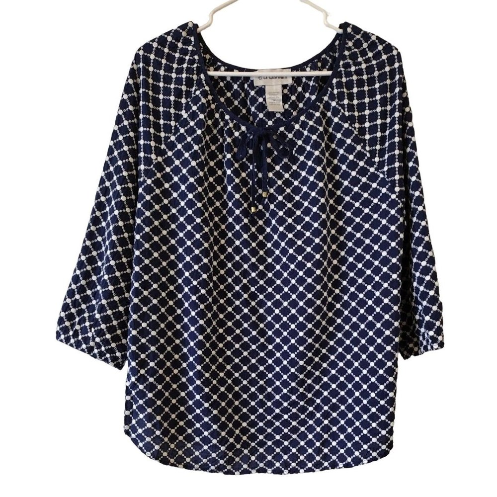 CD Daniels Womens 1X Blue And White 3/4 Sleeve Front Tie Top